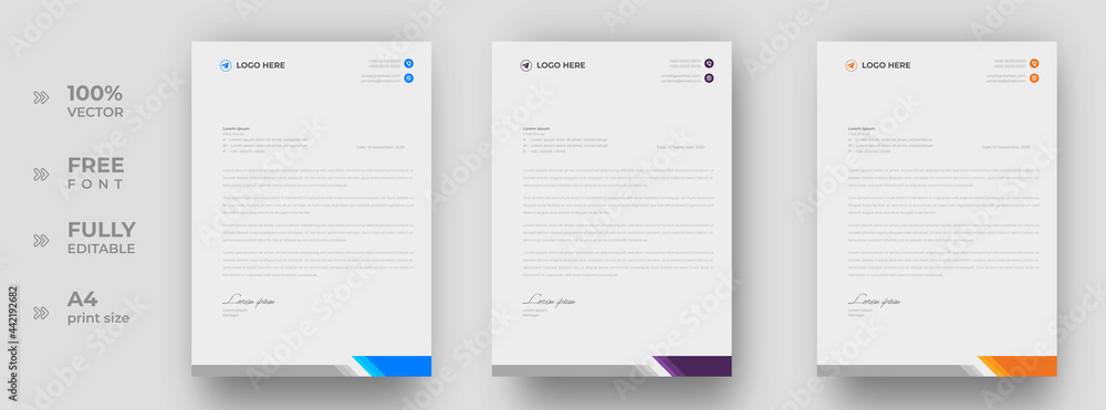 corporate modern letterhead design template with yellow, blue and purple color. creative modern letter head design template for your project. letterhead, letter head, simple letterhead design. - obrazy, fototapety, plakaty 