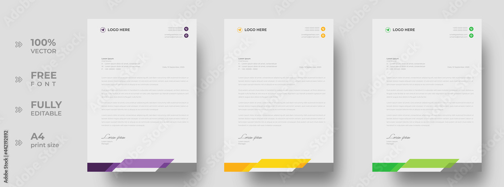 corporate modern letterhead design template with yellow, purple and green color. creative modern letter head design template for your project. letterhead, letter head, simple letterhead design. - obrazy, fototapety, plakaty 