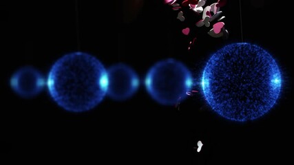 Sticker - Animation of blue transparent spheres and red hearts falling on black background