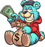 Fototapeta Dinusie - Teddy bear holding a big bag of money and some bills. Vector clip art illustration with simple gradients. All on a single layer.
