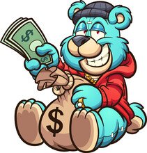 Teddy Bear Holding A Big Bag Of Money And Some Bills. Vector Clip Art Illustration With Simple Gradients. All On A Single Layer.
