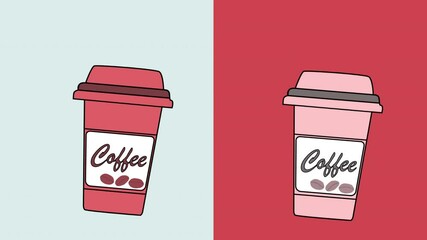 Wall Mural - Coffee to go paper cup. Seamless loop animation. Line art. Concept of takeaway drinks. Colourful background, red pink.