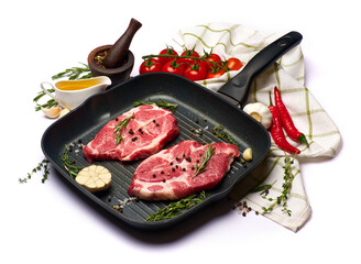 Wall Mural - Fresh raw beef or pork steaks on frying pan