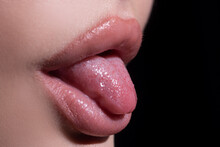 Red Lips, Mouth And Tongue Icon. Poster And Banner Of Open Mouth. Close-up Woman Licking Lips. Female Sexy Mouth With Tongue.