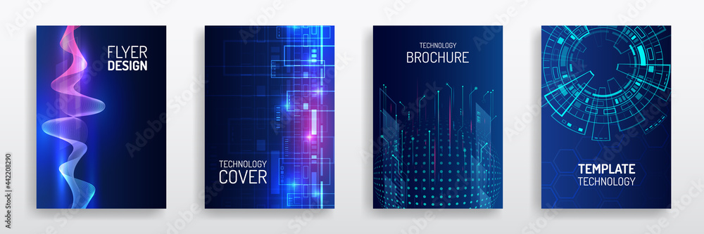 Blue layout futuristic brochures, flyers, placards. Contemporary science and digital technology concept. Vector template for brochure or cover with hi-tech elements background. - obrazy, fototapety, plakaty 