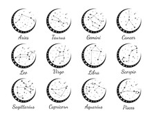 Set Of 12 Zodiac Constellations With Titles In Wreath Of Moon And Stars: Aries, Taurus, Gemini, Cancer, Leo, Virgo, Libra, Scorpio, Aquarius, Sagittarius, Capricorn, Pisces. Vector Illustration