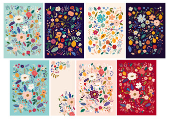 Wall Mural - Beautiful flower collection of posters with roses, leaves, floral bouquets, flower compositions. Notebook covers