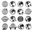 © Frogella.stock - Globe icons. Internet web icon with globe, cursor, arrow. Global plane travel, world map. International communication black silhouette vector set. Magnifying glass on planet, cartography