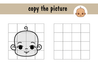 Children s mini-game on paper Baby s face . Copy the picture of the child using the grid lines, a simple game for toddlers with an easy level of play, drawing for children.