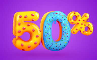 Wall Mural - 50 percent Off. Discount dessert composition. 3d mega sale 50% symbol with flying sweet donut numbers. Sale banner or poster.