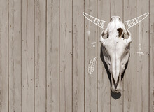 Bull Skull With Decorative Horns Hanging On The Wooden Wall. Halloween Background.