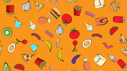 Wall Mural - Endless yellow seamless pattern of delicious food and snack items icons set for restaurant bar cafe: ice cream, burger, pizza, sausage, drink, egg, tomato, garlic, mango, watermelon. The background