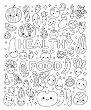 Doodle Coloring Page With Cute Vegetables And Fruits. Set Of Healthy Food With Funny Faces. Kawaii Cartoon Characters. Black And White Outline Vector Illustration.