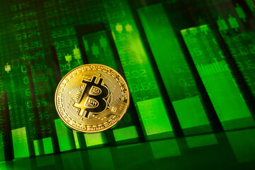 Bitcoin growth up, green stock chart background photo