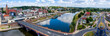 Szeroka panorama centrum miasta Gorzów Wielkopolski, widok na bulwar wschodni nad rzeką Warta, most staromiejski i część zawarcia z wieżą widokową Dominanta