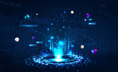 Wall Mural - Sci-fi hologram podium template. Futuristic circle 3D lab with projector podium for show your product in cyberpunk style. Concept teleport, hologram, projector, magic portal. Vector background
