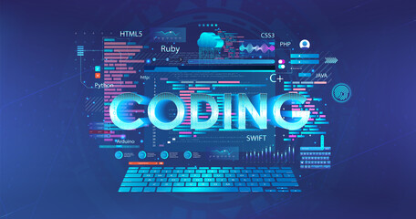 Wall Mural - Programming concept in different languages, artificial intelligence neural network coding. Process of learning, programming. Software development and AI networks. Online learning and coding. Vector