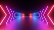 3d render, abstract panoramic pink blue red neon background with arrows showing forward direction