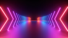 3d Render, Abstract Panoramic Pink Blue Red Neon Background With Arrows Showing Forward Direction