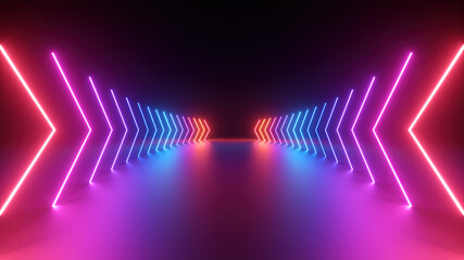 Wall Mural - 3d render, abstract panoramic pink blue red neon background with arrows showing forward direction