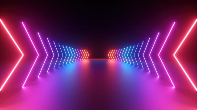 Wall Mural -  - 3d render, abstract panoramic pink blue red neon background with arrows showing forward direction