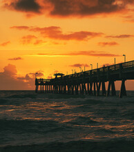 Sunset On The Beach Pier Florida Usa State Sky Orange Sea Nature Summer Clouds Beautiful 