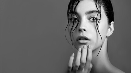 black and white portrait of beauty model with clean perfect wet skin. beautiful young woman with fre