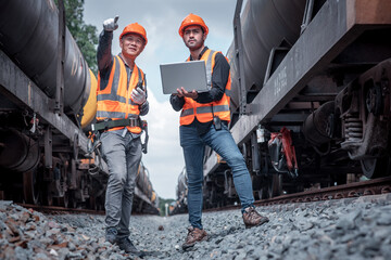 Canvas Print - Engineer under inspection and checking construction process railway switch and checking work on railroad station .Engineer wearing safety uniform and safety helmet in work