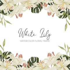 Wall Mural - watercolor white lily tropical flower arrangement with monstera