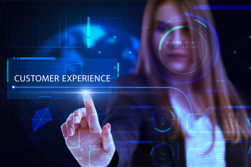 Business, Technology, Internet and network concept. Young businessman working on a virtual screen of the future and sees the inscription: Customer experience