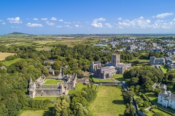 Wall Mural - Cathedral at St Davids City, Pembrokeshire, Wales drone aerial photo landscape with copy space and no people