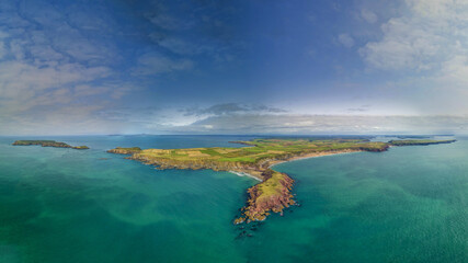 Wall Mural - Gateholm Island at Marloes Beach, Pembrokeshire, Wales, drone aerial shot with copy space