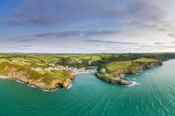 Little Haven, Pembrokeshire, Wales drone aerial landscape photo with copy space green and blue