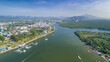 Krabi Town Thailand drone aerial ariel view of Pak Nam Krabi and Andaman Sea Panoramic Panorama Copy Space No People Mountains Limestone Drone Aerial Ariel UAV