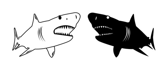 Shark logo. Two sharks pit each other. Megalodon icon - stock vector