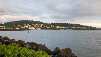 Wall Mural - Fairhaven skyline at sunset. View from Fisherman`s memorial at Zuanich Point Park Bellingham Washington.