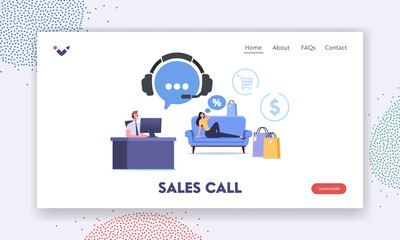 Wall Mural - sales call landing page template. woman buying goods via telemarketing phone sales service. housewif