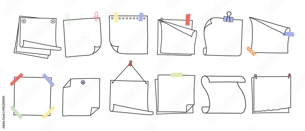 Doodle hand drawn memo notes and reminders vector illustration set ...