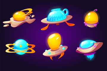 Wall Mural - ufo, alien space ships scrambled eggs, cup and plate with spoons rockets. fantasy bizarre shuttles, 