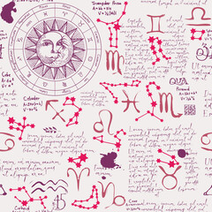 Wall Mural - Hand-drawn seamless pattern on a theme of zodiac and horoscopes in retro style. Abstract vector background in pink colors with zodiac signs, handwritten text Lorem ipsum, sun, moon and constellations