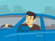 © flatvectors - Driving a car. Young scared male driver is looking through an open window. Character looks out a front window. Close-up view. Flat vector illustration template.