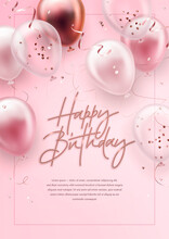 Vector Birthday Elegant Greeting Card Or Banner With Golden, Pink And White Balloons And Falling Confetti. Vector Illustration