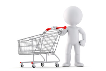 3d Man with shopping cart. Isolated