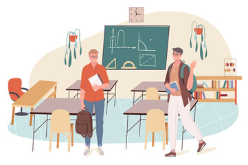 School web concept. Students learns at math lesson at classroom. Teenage classmates study in college. Science and education. People scenes template. Vector illustration of characters in flat design