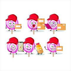 Poster - Cartoon character design of lolipop spiral working as a courier. Vector illustration