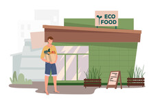 Eco Food Store Building Web Concept. Man Buys Vegetables And Fruits In Shop. Buyer Standing With Bags Organic Food At Entrance. People Scenes Template. Vector Illustration Of Characters In Flat Design