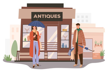 Wall Mural - Antiques store building web concept. Man and woman standing at entrance to shop with vintage goods. Customers shopping. People scenes template. Vector illustration of characters in flat design