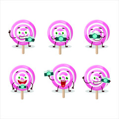 Wall Mural - Photographer profession emoticon with lolipop spiral cartoon character. Vector illustration