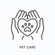 Pet care flat line icon. Vector outline illustration of human hands and cat paw. Black thin linear pictogram for animal protection