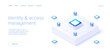 Identity and access management illustration in isometric vector design. Abstract datacenter or blockchain. Network mainframe infrastructure. Web banner layout template.